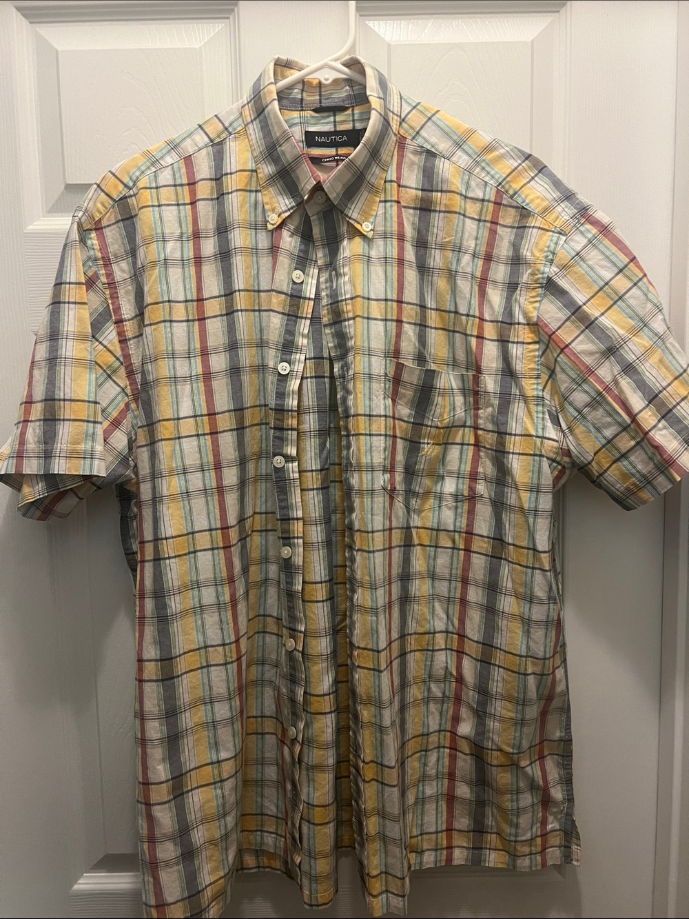 Nautica Yellow Multi-Stripe Plaid Short-Sleeve Button-Down Shirt
